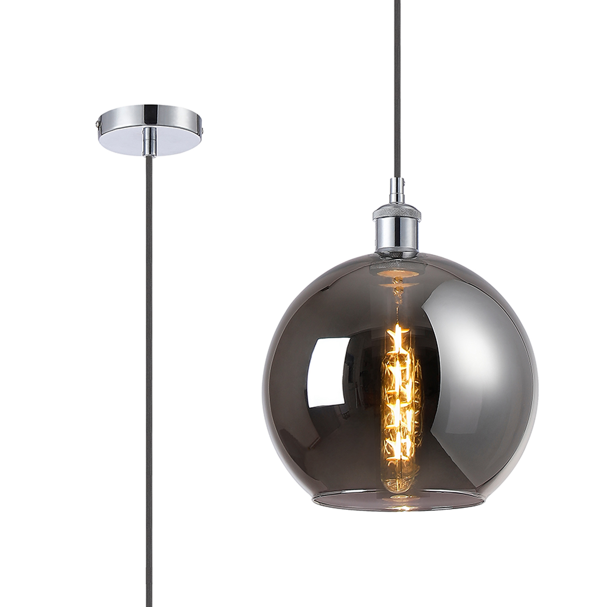 Cawdor Single Pendant, 1 Light E27, Polished Chrome/Black/Chrome Plated Globe Glass